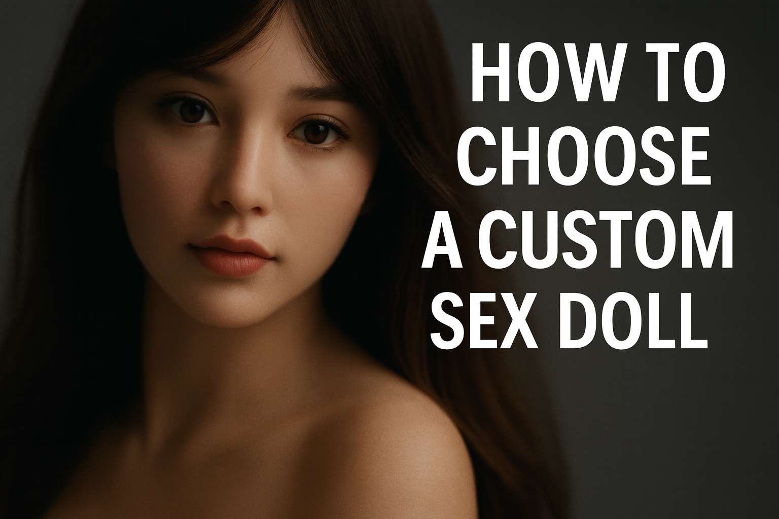 Um retrato sensual e elegante de uma boneca de silicone realista com iluminação suave e tons quentes, apresentando o título do artigo “Como escolher uma boneca sexual personalizada” no lado direito.